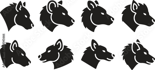 Eight black horse head silhouettes in two rows on a white background