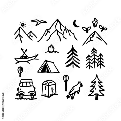 set of camping icons, card, snow, logo, nature, star, silhouette, sea