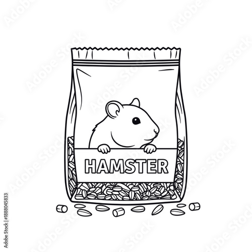 Minimalist black outline vector icon of a hamster food bag, isolated on a transparent background
