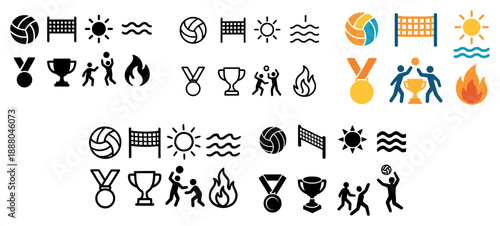 Beach sports icons: volleyball and trophies