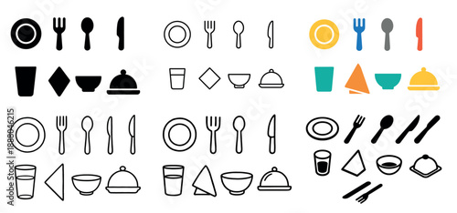 Dining tableware icons set in black and color variants