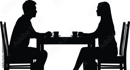 Couple, Coffee, Conversation, Date, Silhouette, Romance, Relationship, Love, People, Talking, Cafe, Meeting, Dinner, Together, Connection, Communication, Lifestyle, Vector, Illustration, Isolated