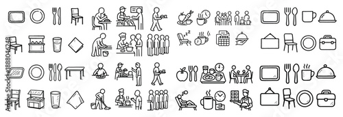 Stick figure dining and food activities icons set