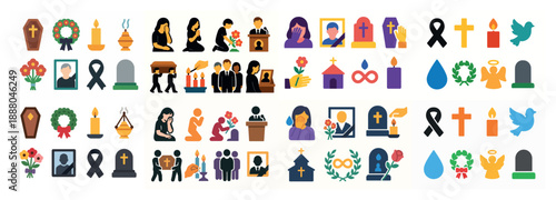 Colorful funeral and mourning symbol icons