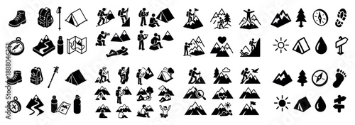 Hiking and camping icon set with outdoor activities