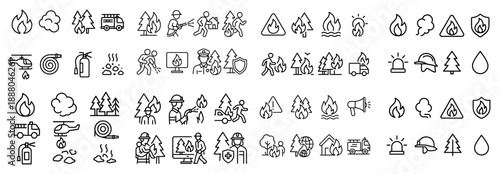 Wildfire prevention line icons: firefighters and nature