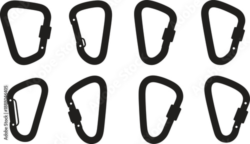 Collection of eight black carabiners arranged in two rows on a white background