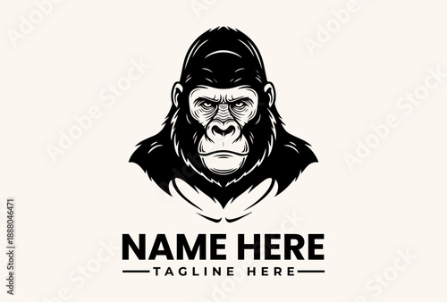 A black and white illustration of a gorilla's head with a placeholder text for a name and tagline on a beige background, featuring a logo and vector design elements.