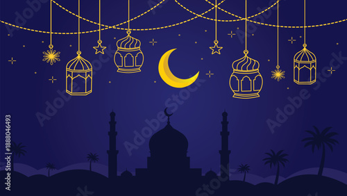 Ramadan and Eid theme design, Islamic background with golden crescent moon. Lanterns. Mosque. Vector illustration.