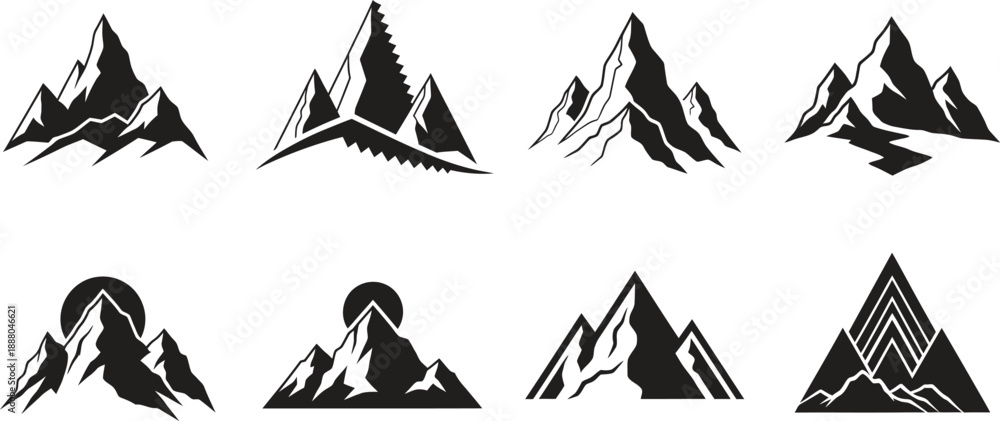 Fototapeta premium Collection of stylized mountain silhouettes in various shapes and designs