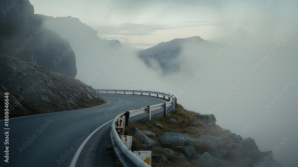 Fototapeta premium A winding coastal road disappears into thick fog and mountainous terrain