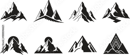 Collection of stylized mountain silhouettes in various shapes and designs