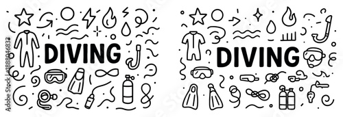 Diving equipment and symbols doodle art illustration