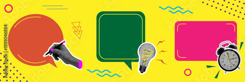 Vector set of dialog boxes in halftone collage style. Memphis vintage illustration