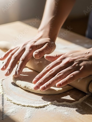 Hands skillfully flattening dough on wooden surface with rolling pin