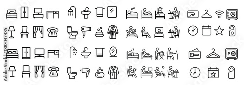 Hotel room amenities line icons set