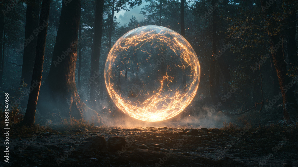 Fototapeta premium Enchanted Sphere Glowing in Dark Mysterious Forest Atmosphere