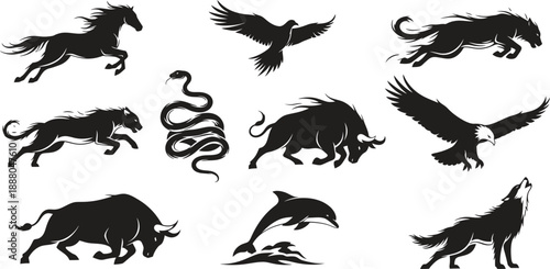 Silhouette icons of various wild animals and mythical creatures