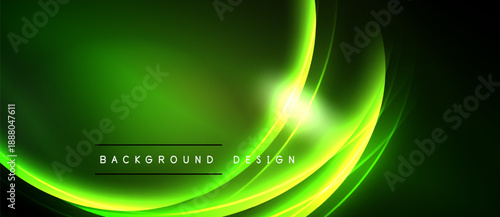 Bright green abstract background. Smooth curves create dynamic light effect. Dark space surrounds glowing design elements.
