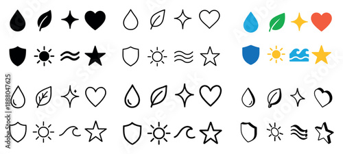 Diverse icon set: water, stars, hearts