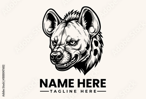A black and white illustration of a spotted hyena's head in a flat cartoon style with a cute mascot character design on a beige background.