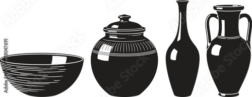 Four black ceramic vessels on a white background