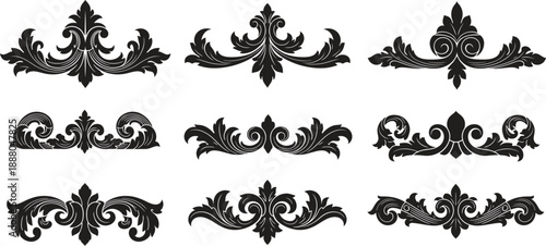 Collection of ornate black fleur de lis designs and decorative borders