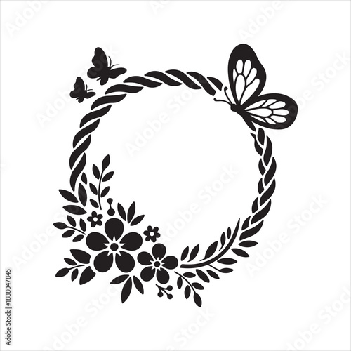 Elegant floral wreath with butterfly, perfect for invitations, logo design. Floral Wreath with Butterfly Silhouette Frame vector 