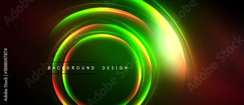Abstract neon circles overlap, creating vibrant glow. Dark background emphasizes bright colors, modern design element.