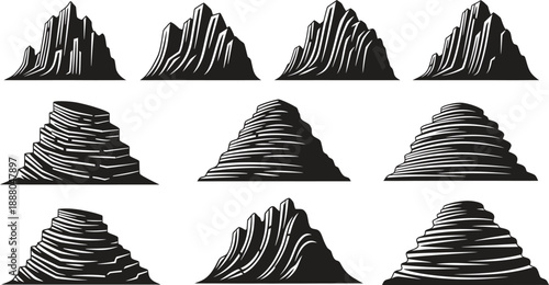 Nine black and white illustrations of abstract mountain ranges with varying shapes and textures