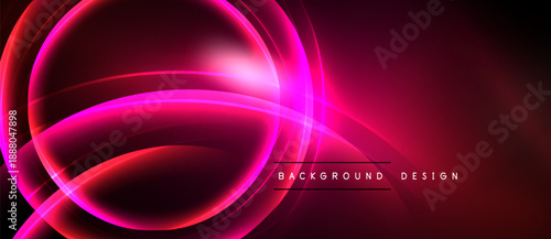 Abstract pink neon lines create circular shapes. Dark background emphasizes glowing curves, modern design element.