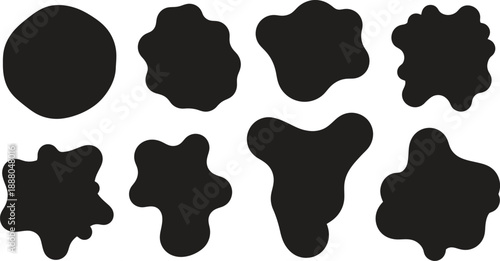 A collection of 8 irregular black shapes on a white background