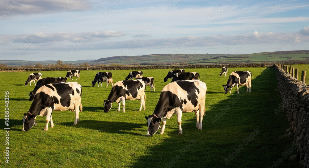 Fototapeta premium Black-and-white cows grazing in a lush green field with rolling hills in the background.
