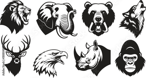 Collection of wildlife animal heads in black and white