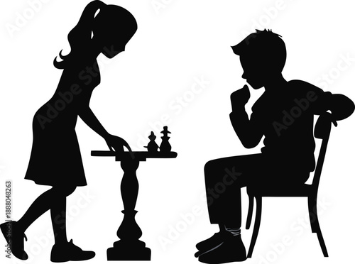 Silhouette Of A Girl Playing Chess Against A Boy