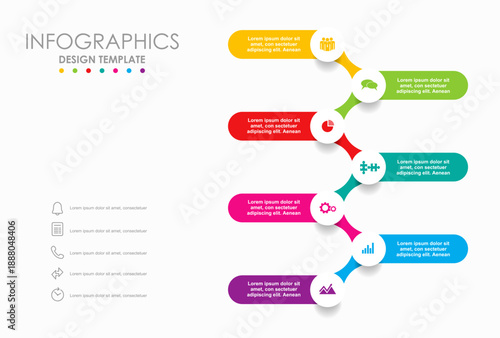 Vertical timeline infographic with colorful icons and text blocks, ideal for process visualization or business presentation. Vector illustration.