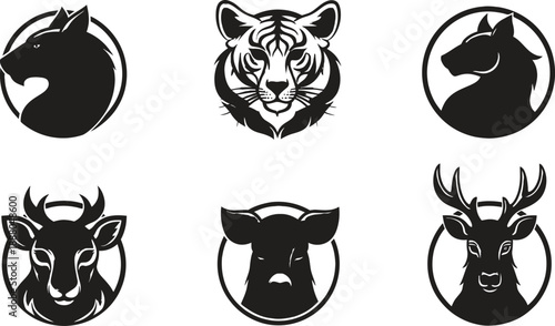 Collection of animal head silhouettes in oval frames