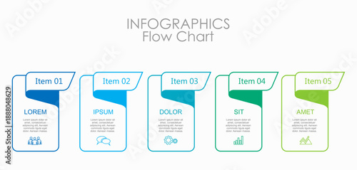 Colorful 5-step infographic with vertical labels, icons, and placeholder text, ideal for business processes, presentations, or project timelines. Vector illustration.