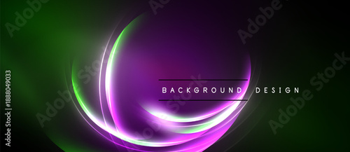 Abstract neon lights create swirling shapes. Green, purple hues blend into dark background. Modern design element for digital projects.