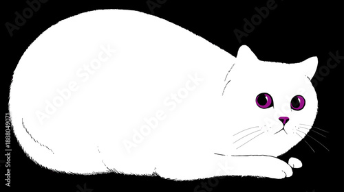 Cute white cat cartoon illustration with striking purple eyes, lying down. Simple flat design vector art of a domestic feline.