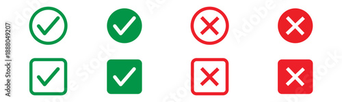 Green check marks and red crosses show approval and disapproval. Vector of tasks, quizzes, or assessments to indicate correct and incorrect choices.