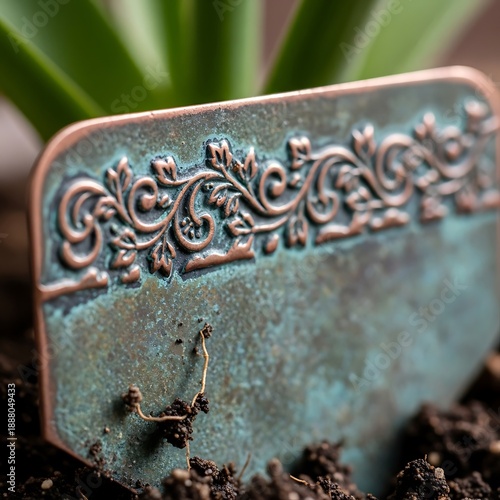 Ornate weathered garden marker detail, green patina and botanical design