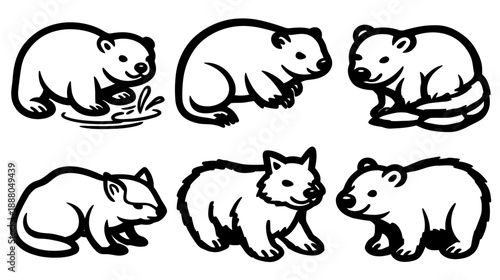 Set of Cute Baby Bear Cubs Vector Line Art Illustrations. Adorable Cartoon Animals in Black and White Outline Style for Kids' Designs.