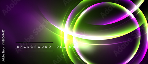 Abstract vibrant design features flowing lines, circles. Green, purple hues create dynamic visual effect. Modern background element.