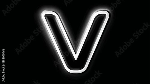 Bright glowing white uppercase letter V with a neon effect on a dark black background, modern alphabet typography.