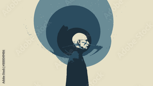Conceptual illustration of a man's head within concentric circles, representing mental health, introspection, and deep thought.