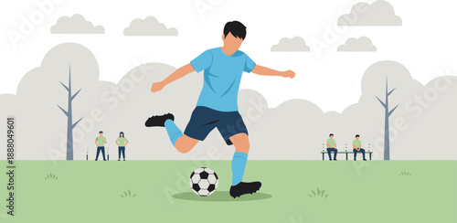 Dynamic soccer action on grassy field, athlete in blue uniform kicks ball, spectators in green shirts watch in park setting, outdoor sports teamwork scene