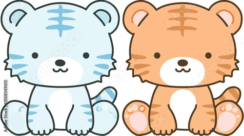 Adorable cartoon baby tiger cubs illustration. Cute blue and orange sitting tiger characters, friendly and playful animal graphic.