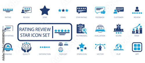 Rating and review icon set featuring star ratings, customer feedback, testimonials, quality satisfaction, evaluation scores, ranking, and user experience appraisal symbols.