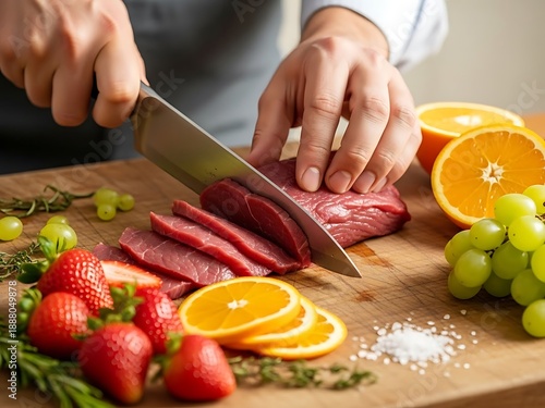 Preparing a healthy, balanced diet of meat, fruits for a nutritious meal